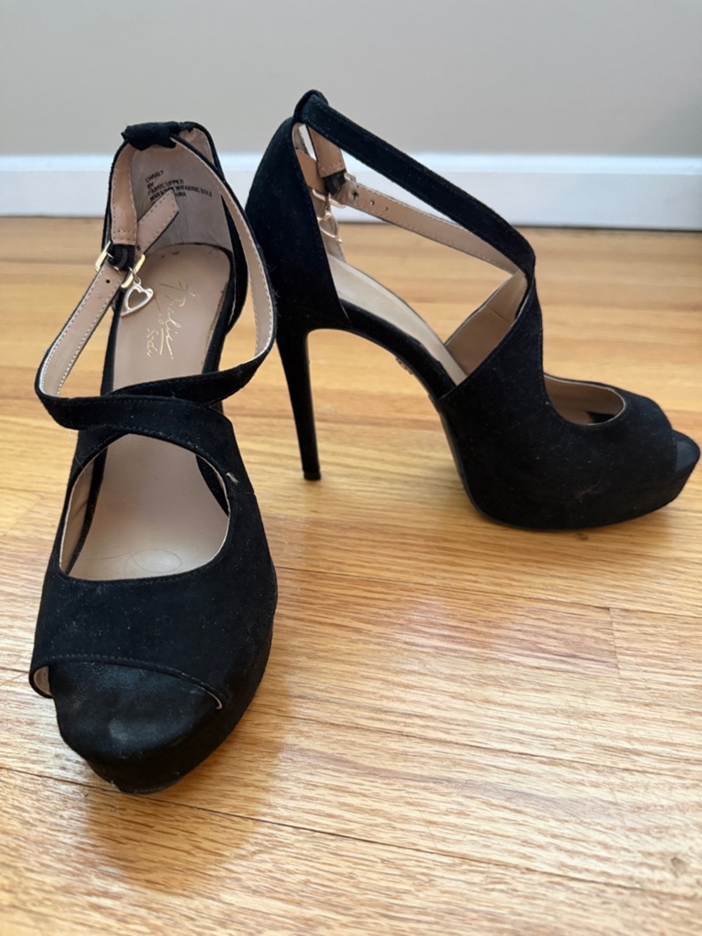 Thalia Sodi Black Suede Peep-Toe Cross-Strap High Heels